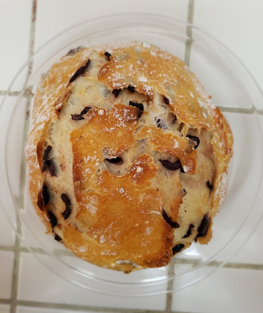 A round loaf of golden brown No Knead Olive Bread, studded with pieces of black olives, rests on a glass plate atop a white tiled surface.