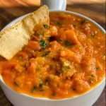 A white bowl filled with chunky orange salsa, garnished with herbs, and served with a tortilla chip on the side, placed on a wooden surface.