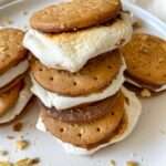A close-up of Oven Baked Smores sandwich cookies filled with toasted marshmallows and chocolate, stacked on a white plate with cookie crumbs scattered around.