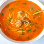 A bowl of red broth beef soup with thin noodles, tender chunks of meat, and fresh chopped herbs, served with a spoon—an inviting Beef Soup Recipe to warm your day.