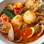 A bowl of Cioppino Recipe seafood stew with shrimp, scallops, clams, and a rich red tomato broth, garnished with chives and a bay leaf, served alongside toasted bread slices.