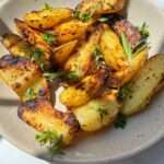 Golden roasted potato wedges, inspired by Grilled Greek Potatoes and garnished with fresh herbs, served in a speckled beige bowl under bright natural light.