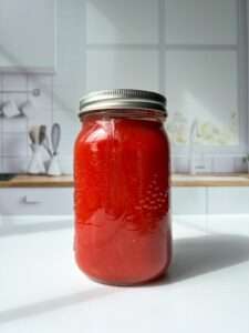 A glass jar filled with bright red Italian Tomato Sauce sits on a white countertop in a modern kitchen with white cabinets and a window in the background.