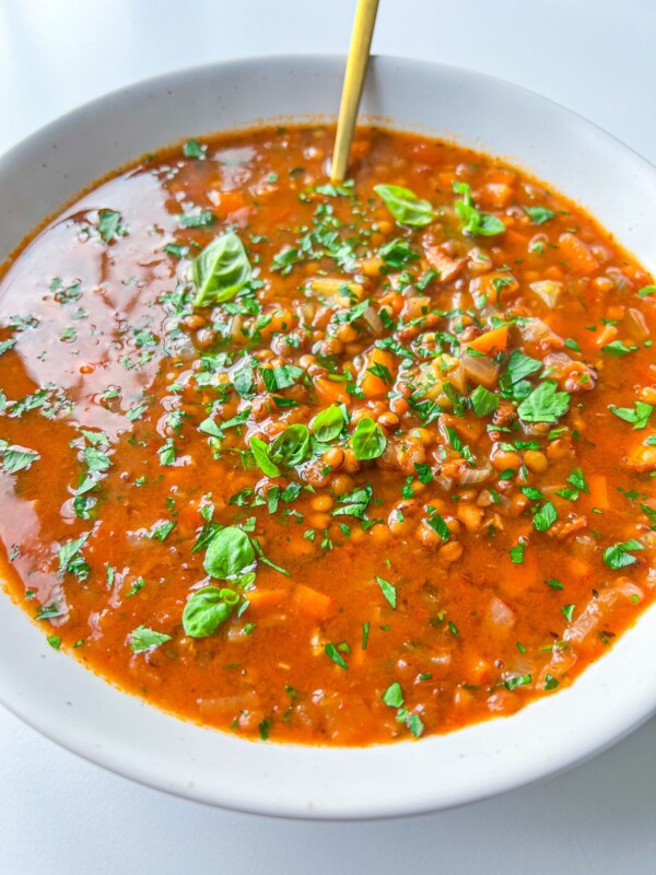A close-up of a bowl of The Best Lentil Soup, a tomato-based lentil soup garnished with fresh chopped herbs and a spoon inside, against a white background.