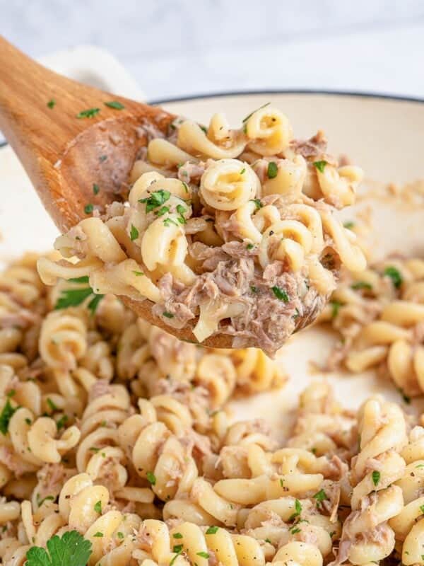 A wooden spoon lifts a serving of creamy rotini pasta mixed with shredded meat, garnished with chopped parsley. The pasta is in a white dish, and a sprig of parsley is visible to the side.