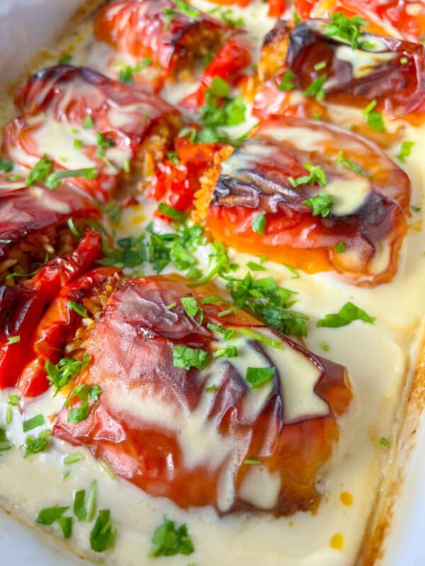 Close-up of baked stuffed tomatoes, inspired by Bulgarian Stuffed Peppers, topped with melted cheese and chopped parsley, all sitting in a creamy white sauce. The cheese is golden brown in spots, and the tomatoes are vibrant red.