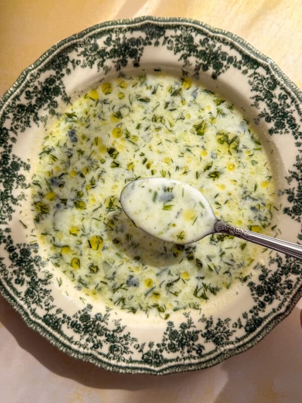 A decorative bowl filled with creamy, herb-speckled Cold Cucumber Soup, garnished with oil drops and fresh dill, with a spoon lifting some of the soup. Warm light highlights the texture and refreshing details.