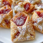 A plate of golden-brown Love Letter Pastries filled with bright red fruit jam, dusted with powdered sugar, arranged beautifully on a white plate.