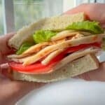 A hand holds a sandwich with slices of chicken deli meat, tomato, lettuce, and cheese between two pieces of white bread, sunlight streaming through a window in the background—perfect for trying your favorite Chicken Deli Meat Recipe.