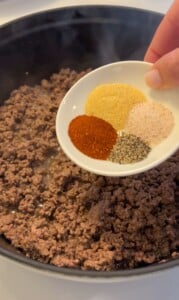 A hand holds a small white dish with spices: garlic powder, onion powder, chili powder, salt, and pepper over a skillet with browned ground beef. Steam rises from the skillet, suggesting that it's hot and actively cooking.