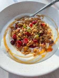 A bowl of yogurt topped with granola, dried cranberries, pumpkin seeds, and a drizzle of honey. A sprig of fresh greenery is also present on top. The dish is served in a speckled bowl with a spoon, captured in bright natural light.