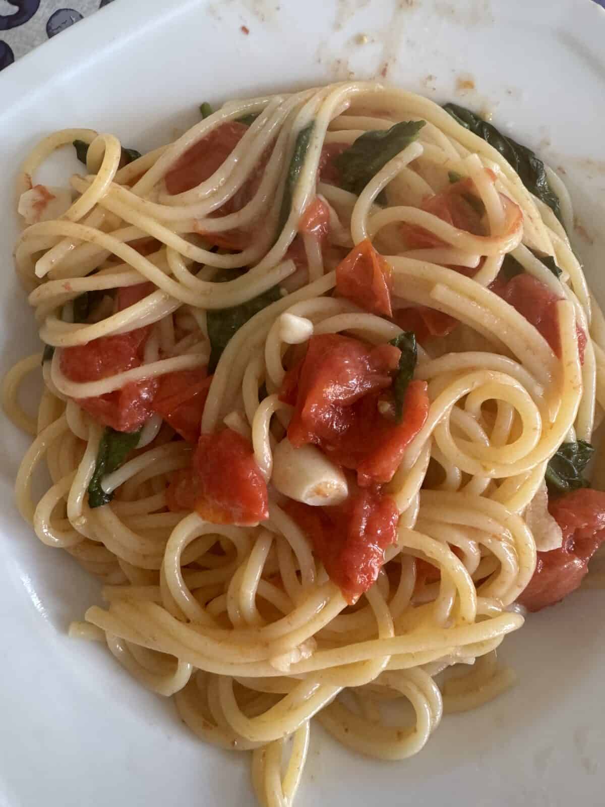 A plate of spaghetti mixed with chopped tomatoes and spinach leaves, topped with a light tomato sauce. The dish is served on a white square plate.