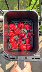 A hand holds an air fryer basket filled with bright red, seasoned tomatoes, ready to be cooked. The photo is taken outdoors near a metal railing and green plants.
