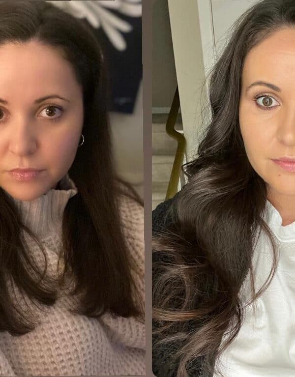 A woman with long, dark hair is shown in two side-by-side photos. On the left, she wears a light knit sweater; on the right, she wears a white top and dark jacket. She looks directly at the camera in both images.