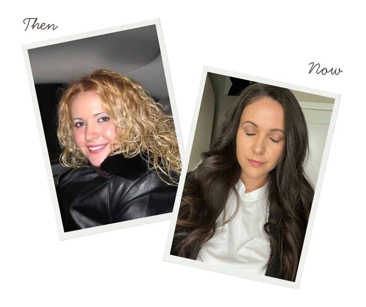 Side-by-side photos labeled "Then" and "Now"; the left shows a woman with curly blonde hair smiling, while the right shows the same woman with long dark hair, eyes closed, and a calm expression.