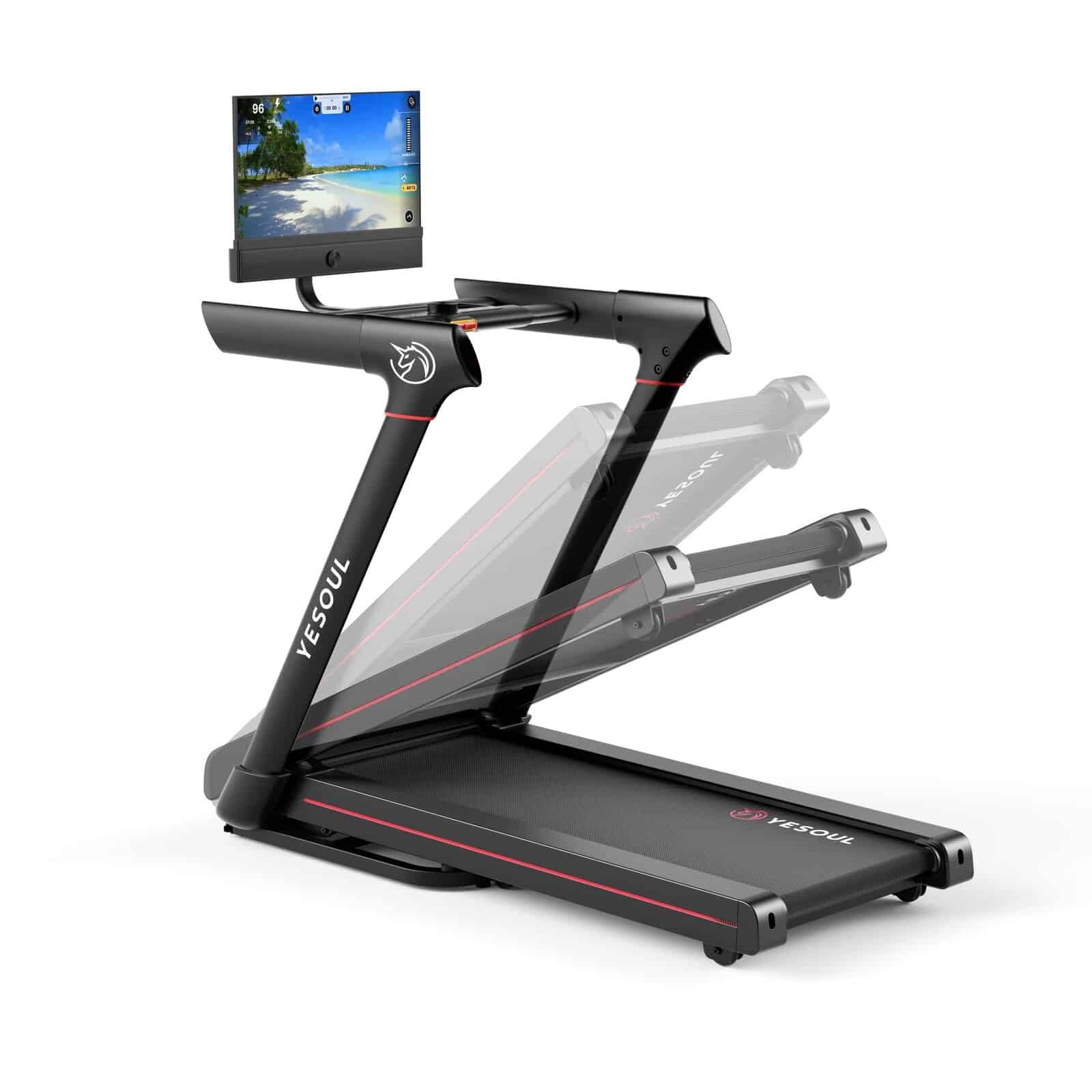 A black Yesoul treadmill with red accents is shown partially folded. A large digital display screen is attached to the console, displaying a scenic running path. Discover exclusive deals on this advanced fitness machine today.