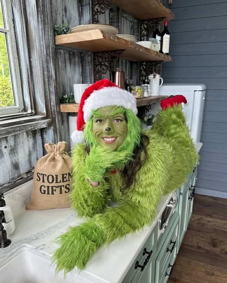 A person dressed as the Grinch, wearing a Santa hat and green furry costume, lies on a kitchen counter next to a burlap sack labeled "STOLEN GIFTS," smiling at the camera.