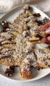 A Christmas tree-shaped pastry dusted with powdered sugar, topped with chocolate spread, is served on a white plate. A hand is pulling off a twisted branch piece. Star anise garnishes the plate.