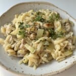 A ceramic plate of creamy orzo pasta mixed with zucchini, pieces of chicken, and garnished with fresh thyme on top, set against a white background.