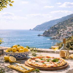 A table overlooking a coastal view with hills and buildings, featuring a pizza, a bowl of lemons, a wine glass, a wine bottle, and a cut lemon, with trees and the sea in the background.