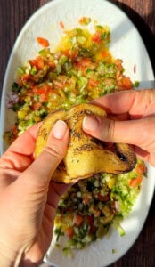Two hands hold and pinch a charred tortilla chip above a plate of colorful, finely chopped salsa—perfect for pairing with an olive oil bread dip or your favorite bread dipping oil recipe on a white dish.