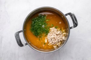 A pot of soup with shredded chicken, chopped herbs, and broth on a light-colored surface. The ingredients are not yet mixed together.