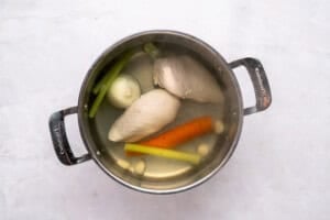 A stainless steel pot on a white surface contains water, two chicken breasts, a peeled carrot, celery stalks, a halved onion, and garlic cloves, suggesting ingredients for homemade chicken broth.