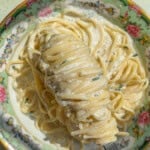 A fork holds a twirl of creamy yogurt noodles above a floral-patterned bowl filled with more pasta, all bathed in sunlight.