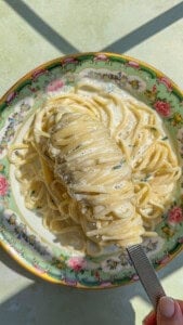 A fork holds a twirl of creamy yogurt noodles above a floral-patterned bowl filled with more pasta, all bathed in sunlight.