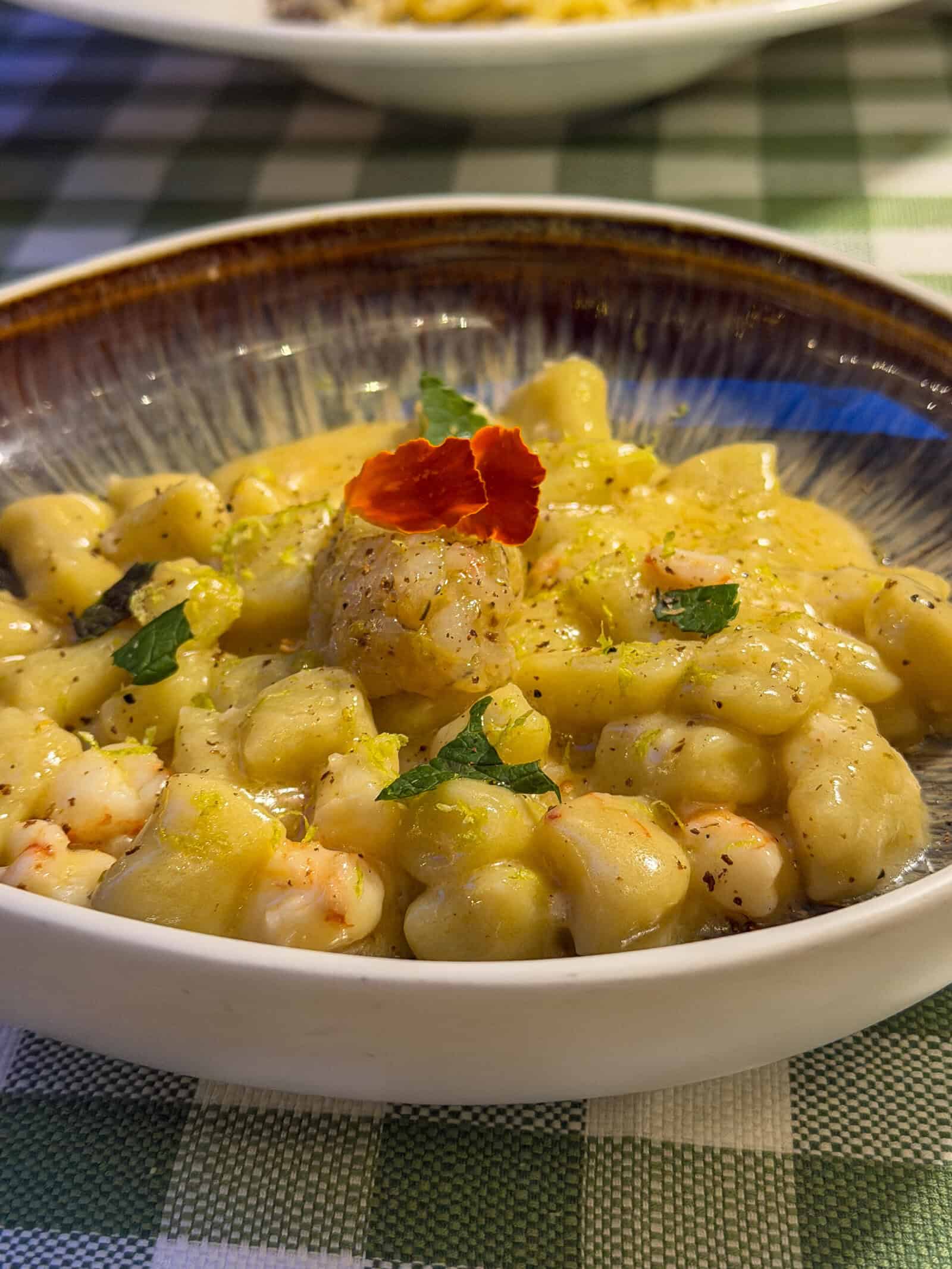 A close-up of a bowl of gnocchi in a creamy yellow sauce, garnished with herbs and an edible red flower, served on a green and white checkered tablecloth.