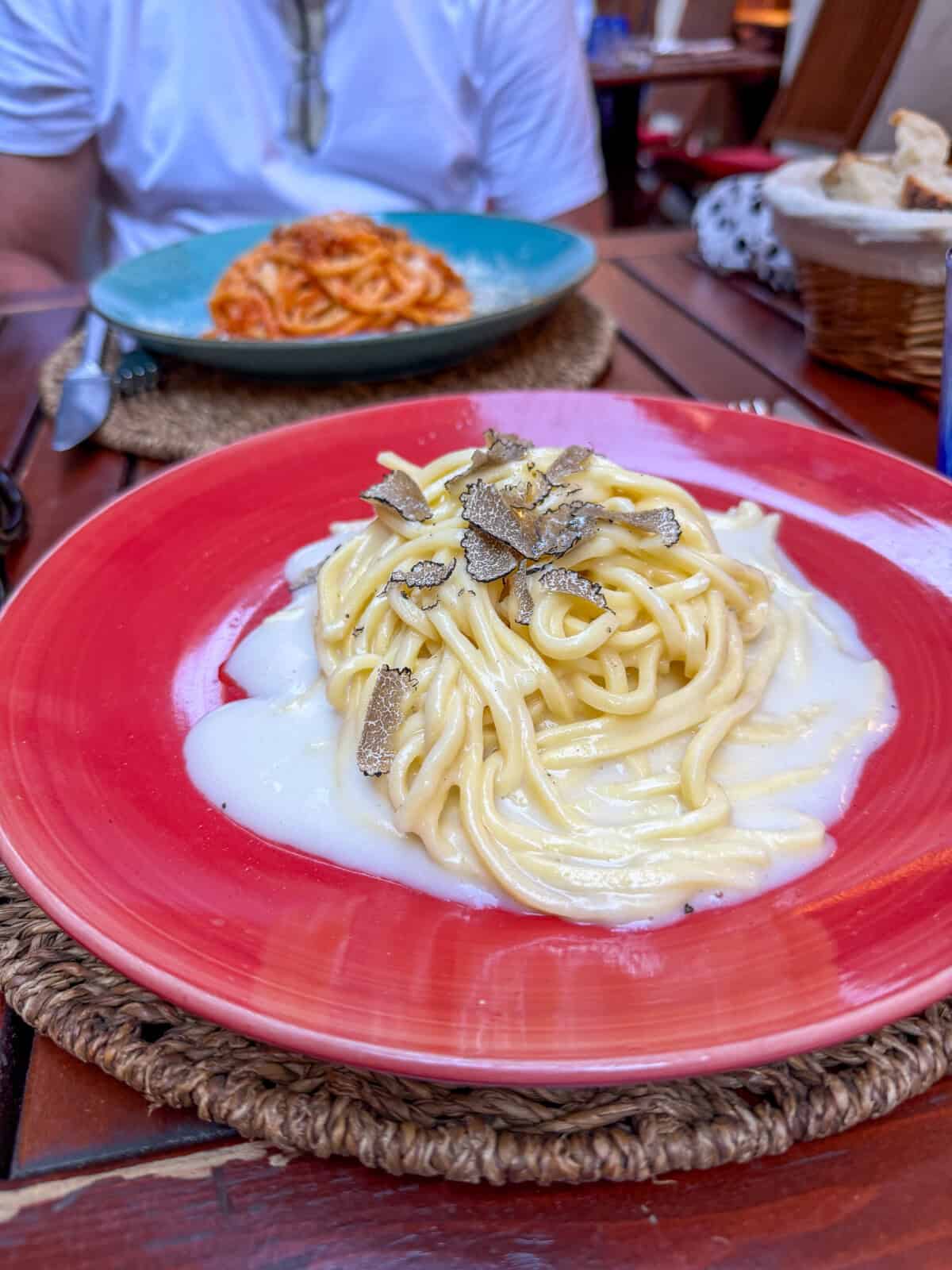 Close-up of a plate of pasta with creamy white sauce and truffle slices on a red plate. In the background, another plate of pasta with red sauce and a partially visible person sitting at a wooden table.