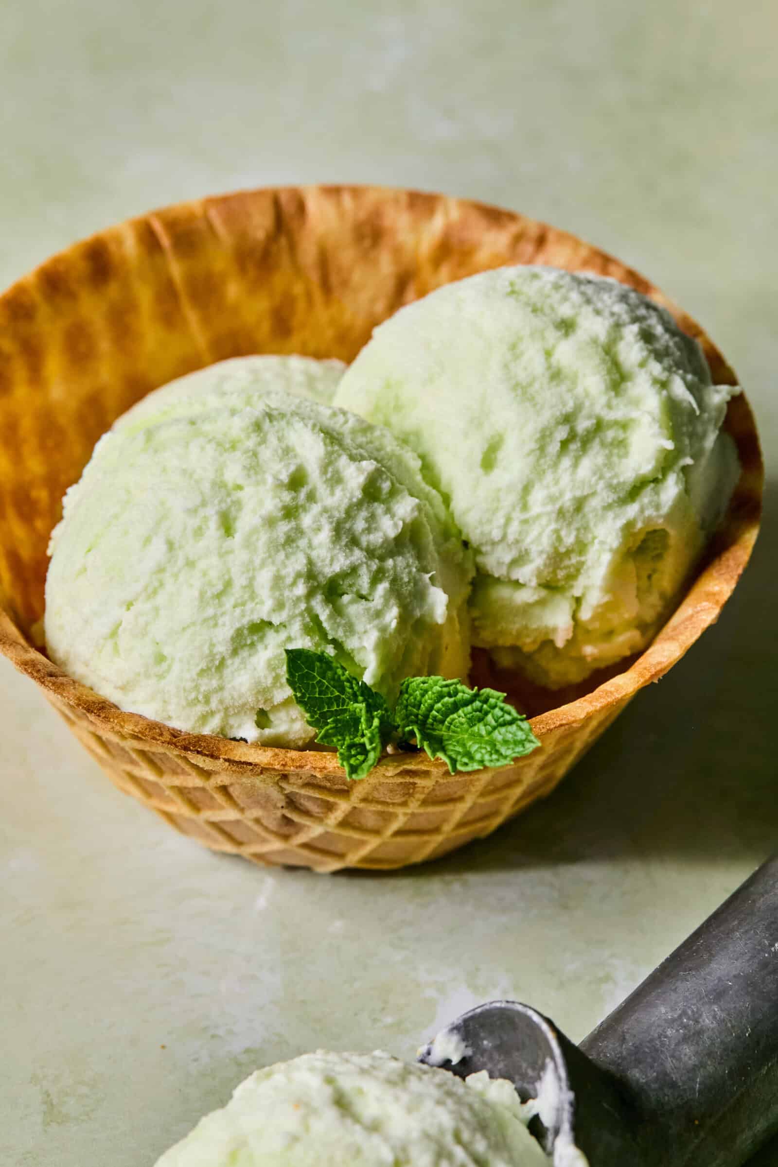 Two scoops of pale green ice cream in a waffle bowl, garnished with a fresh mint sprig. An ice cream scoop with more of the same ice cream is visible in the bottom corner.