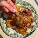 A hand holding a roasted chicken drumstick above a vintage-patterned plate with more roasted chicken and potatoes in bright sunlight, showcasing the delicious pairing of chicken in a potato-inspired meal.
