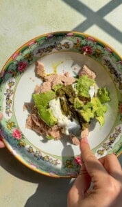 A hand holds a fork over a colorful floral plate containing tuna, avocado, ricotta cheese, and pesto, with sunlight casting shadows across the scene.