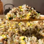 Ground beef rice skillet with zucchini and herbs