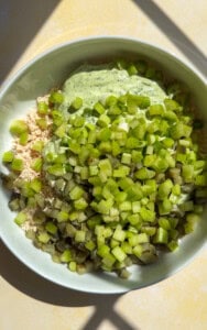 Bowl with diced cucumbers, green onions, and herb dressing