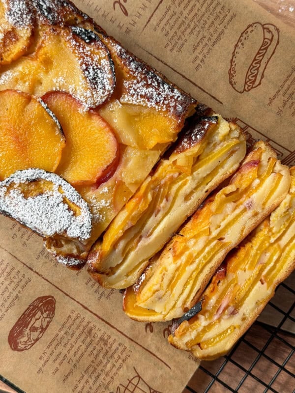 Invisible peach cake on a piece of parchment paper