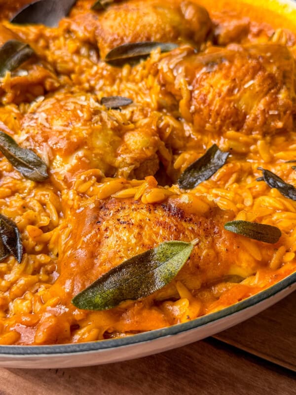 Chicken thighs in a pan sitting on a bed of pumpkin orzo.