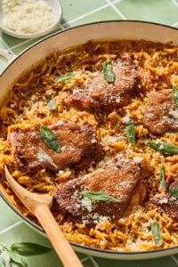 Skillet pork chops with orzo, sage, and Parmesan cheese