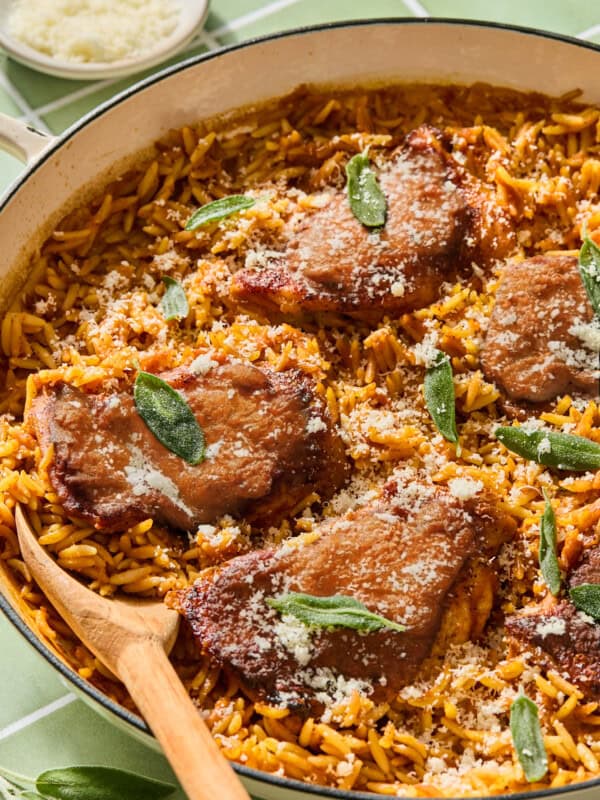 Skillet pork chops with orzo, sage, and Parmesan cheese