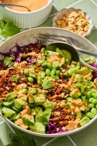 Vibrant rice bowl with avocado, edamame, and peanut sauce