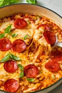Cheesy pepperoni pizza beans in a skillet