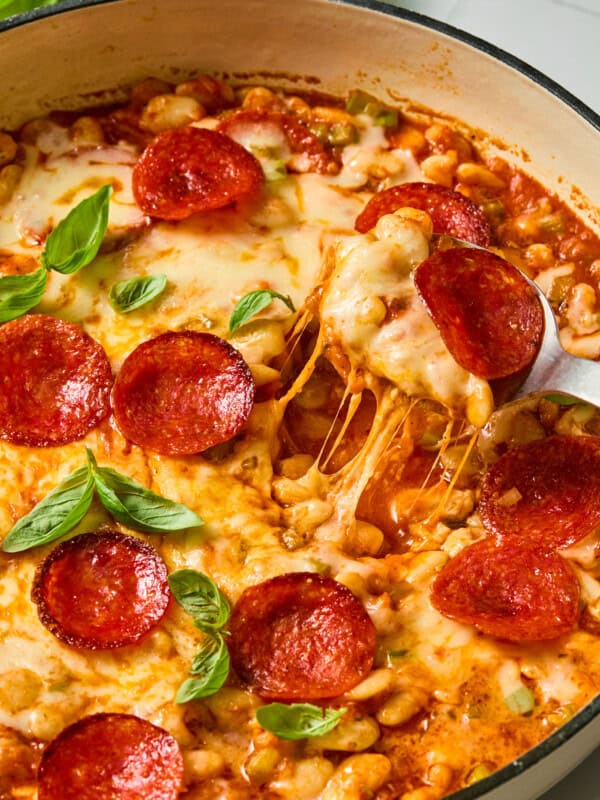 Cheesy pepperoni pizza beans in a skillet