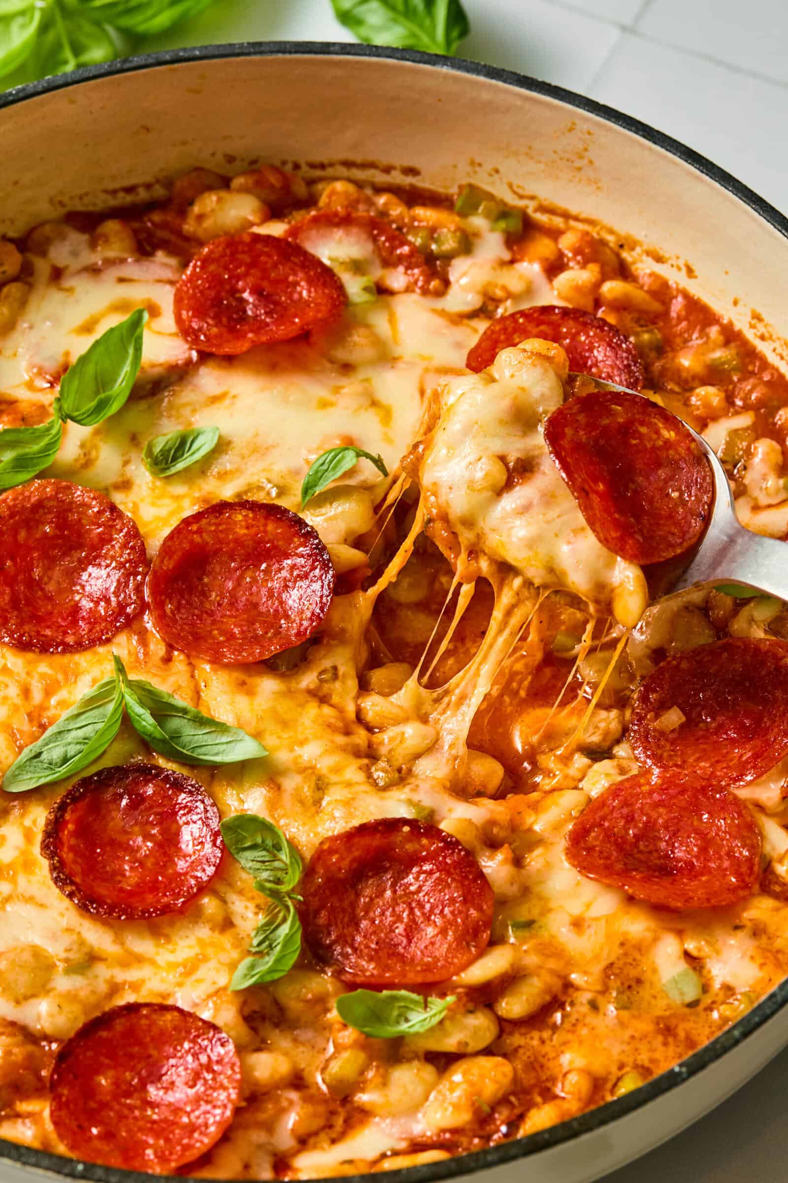 Cheesy pepperoni pizza beans in a skillet