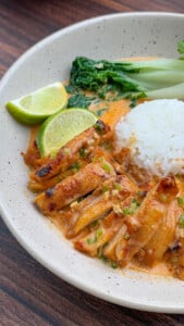 Thai red curry chicken bowl with rice and bok choy
