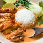 Thai red curry chicken bowl with rice and bok choy