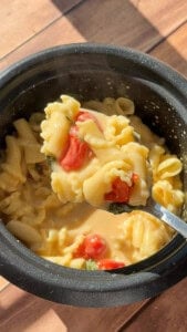 Creamy pasta with tomatoes and spinach in black bowl
