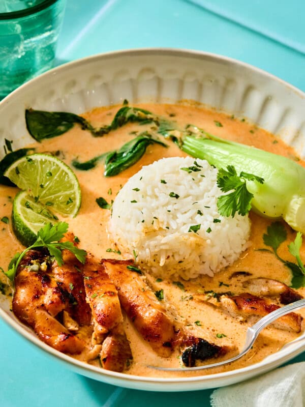 Thai red curry chicken with rice and bok choy bowl